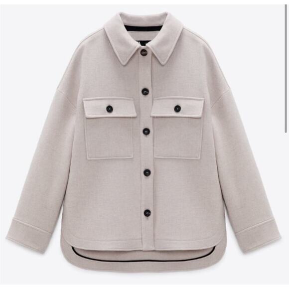 Zara Oversized Manteco Wool Blend Overshirt Shacket In Stone - Picture 1 of 9